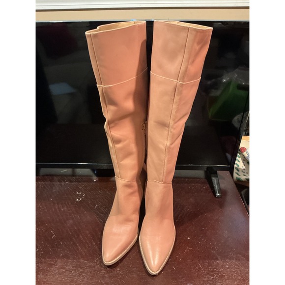 Crown Vintage Shoes - Crown Vintage Nude Tan Leather Knee High Pointed Toe Block Heel Boots Women 8.5M